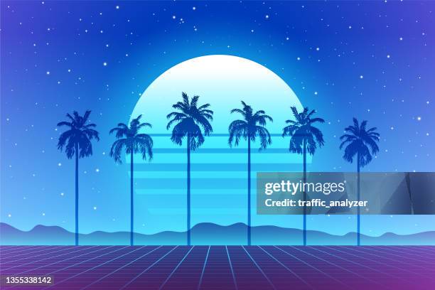synthwave retro background - palm trees - sun flare trees stock illustrations