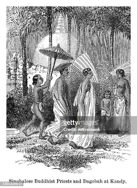 old engraved illustration of sinhalese buddhist priests and dagoba at kandy, sri lanka - buddha painting stock pictures, royalty-free photos & images