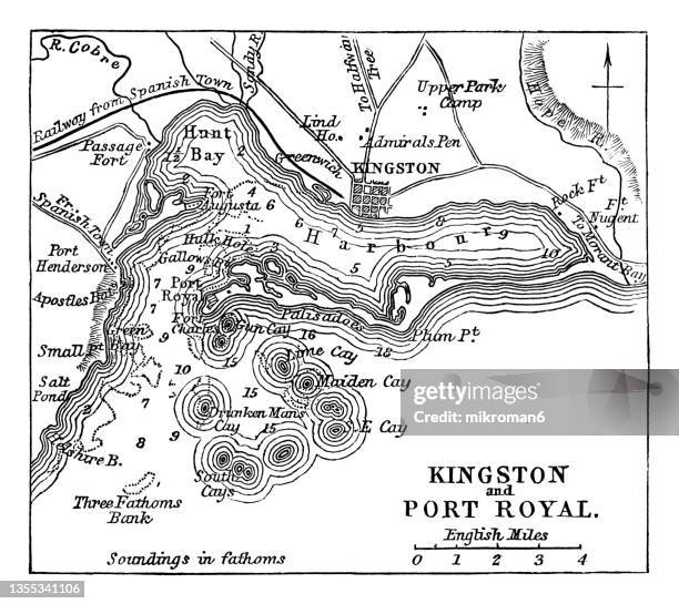 old engraved map of kingston and port royal, jamaica - jamaica kingston fotografías e imágenes de stock