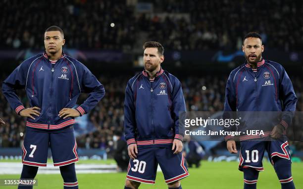 Kylian Mbappe, Lionel Messi and Neymar of Paris Saint-Germain line up prior to the UEFA Champions League group A match between Manchester City and...
