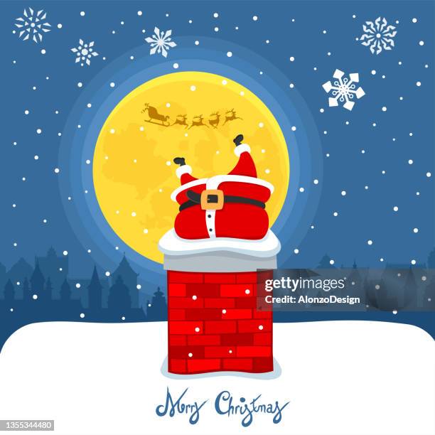 stockillustraties, clipart, cartoons en iconen met santa claus stuck in the chimney - kachelpijp