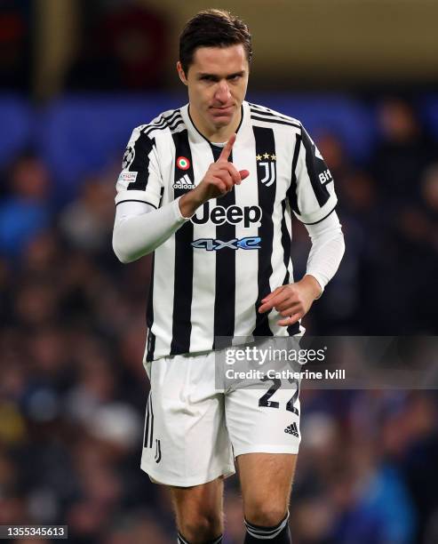 Federico Chiesa of Juventus during the UEFA Champions League group H match between Chelsea FC and Juventus at Stamford Bridge on November 23, 2021 in...