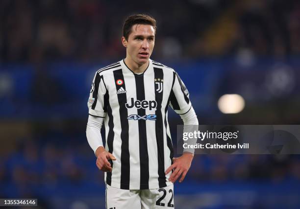 Federico Chiesa of Juventus during the UEFA Champions League group H match between Chelsea FC and Juventus at Stamford Bridge on November 23, 2021 in...