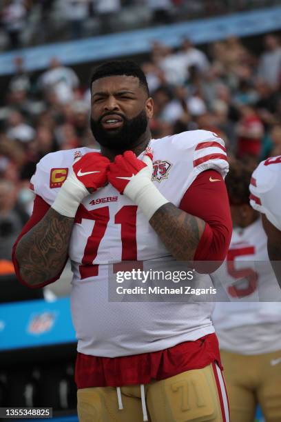 Trent Williams of the San Francisco 49ers on the sidelines before the game against the Jacksonville Jaguars at TIAA Bank Field on November 21, 2021...