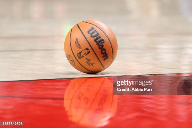 General view of the Wilson game ball used during a game between the Portland Trail Blazers and Philadelphia 76ers at Moda Center on November 20, 2021...