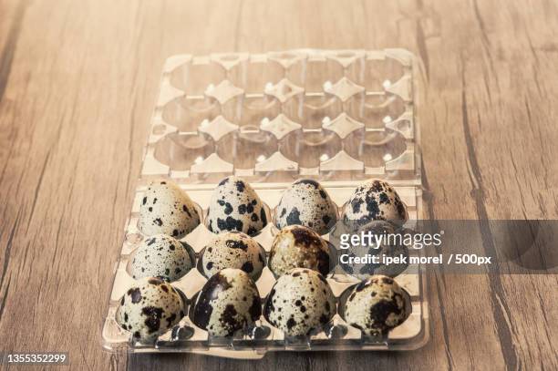 high angle view of eggs in carton on table - ipek morel stock pictures, royalty-free photos & images