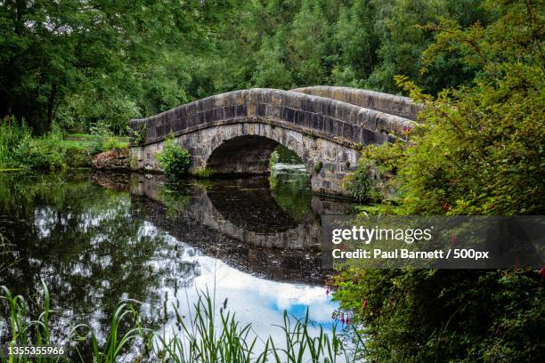 view of arch bridge over river,leeds and liverpool canal tow path,burscough,united kingdom,uk - liverpool england stock-fotos und bilder