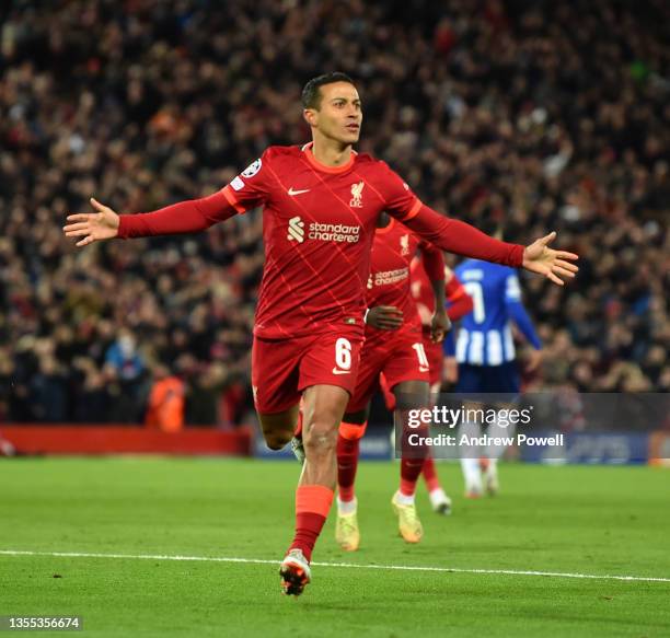 Thiago Alcantara of Liverpool celebrates after scoring the first goal during the UEFA Champions League group B match between Liverpool FC and FC...