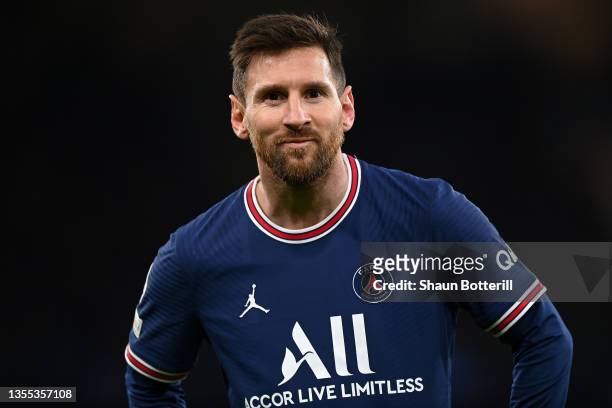 Lionel Messi of Paris Saint-Germain reacts during the UEFA Champions League group A match between Manchester City and Paris Saint-Germain at Etihad...