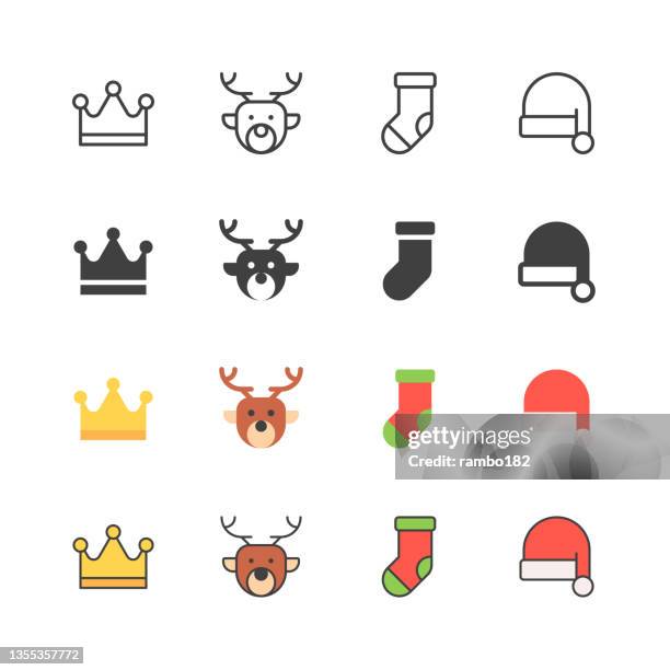 bildbanksillustrationer, clip art samt tecknat material och ikoner med christmas line, solid, flat and colour icons. editable stroke. contains such icons as crown, raindeer, christmas sock, christmas hat. - santa hat icon