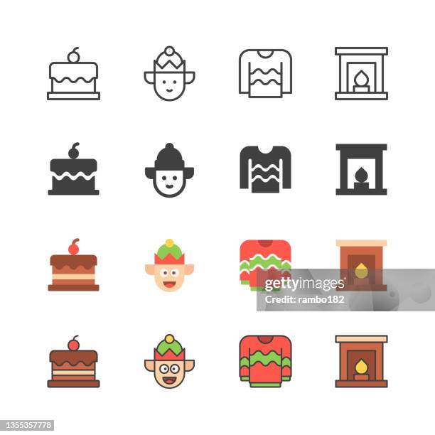 christmas line, solid, flat and colour icons. editable stroke. contains such icons as christmas cake, elf, christmas sweater, fireplace. - christmas sweater stock illustrations