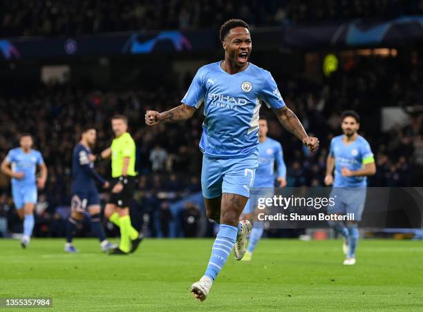 Raheem Sterling of Manchester City celebrates after scoring their team's first goal during the UEFA Champions League group A match between Manchester...