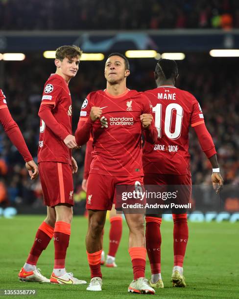 Thiago Alcantara of Liverpool celebrates after scoring the first goal during the UEFA Champions League group B match between Liverpool FC and FC...