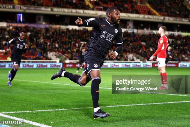 Olivier Ntcham of Swansea City celebrates after scoring their side's first goal during the Sky Bet Championship match between Barnsley and Swansea...