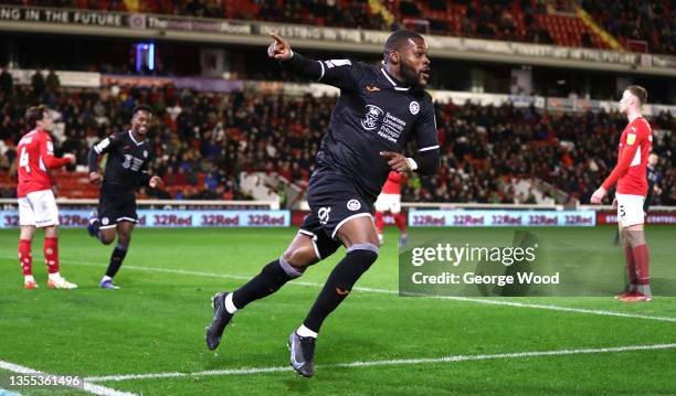 Olivier Ntcham of Swansea City celebrates after scoring their side's first goal during the Sky Bet Championship match between Barnsley and Swansea...