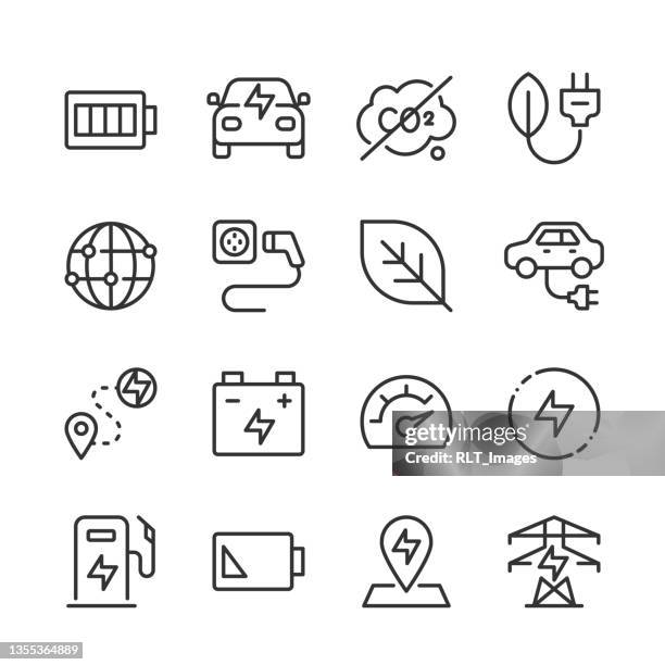 ilustraciones, imágenes clip art, dibujos animados e iconos de stock de iconos de coches eléctricos — serie monoline - vehículo eléctrico