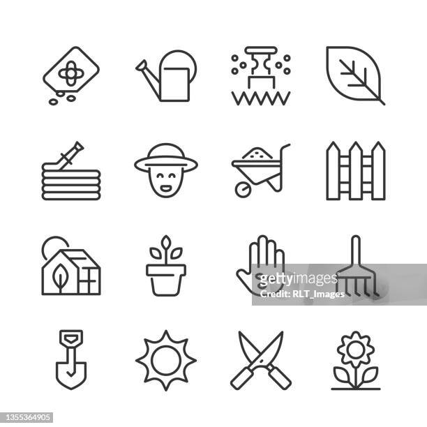 gardening icons — monoline series - raking leaves stock illustrations