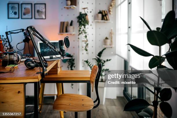 podcast recording studio with equipments - microphone desk stock pictures, royalty-free photos & images