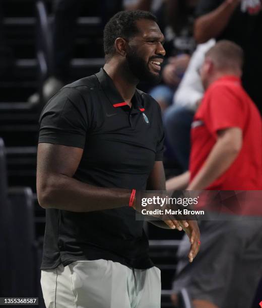 Graduate Assistant Greg Oden of the Ohio State Buckeyes looks on during the game against the Seton Hall Pirates in the second half of Day One of The...