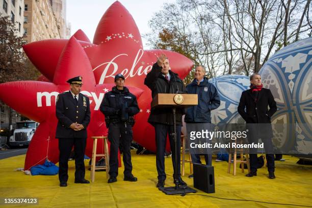 Commissioner Dermot F. Shea speaks to members of the media at the 95th Macy's Thanksgiving Day Parade Balloon Inflation on the Upper West Side on...