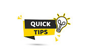 Quick tips advice yellow banner with lightbulb on white background