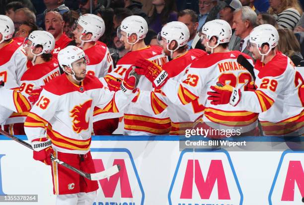 Johnny Gaudreau of the Calgary Flames celebrates a goal during an NHL game against the Buffalo Sabres on November 18, 2021 at KeyBank Center in...