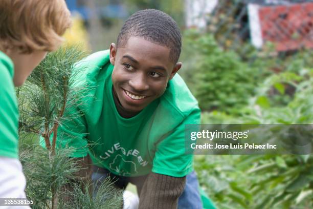 volunteers planting a tree together - boy gift stockfoto's en -beelden