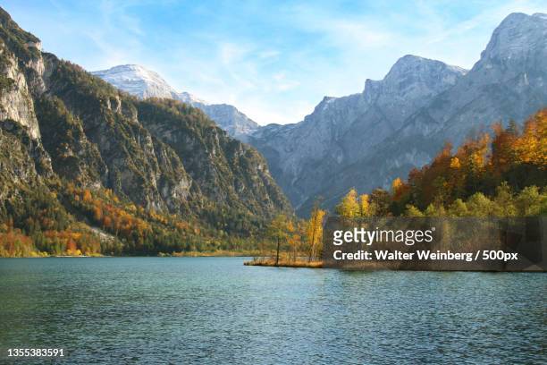 scenic view of lake by mountains against sky,almsee,austria - temperate forest stock-fotos und bilder