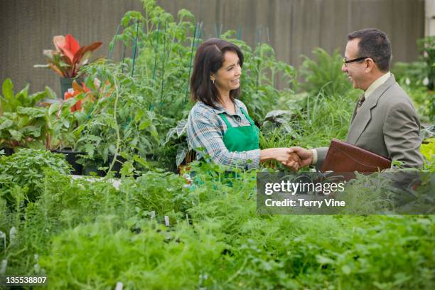 nursery owner greeting salesman - vine plant imagens e fotografias de stock