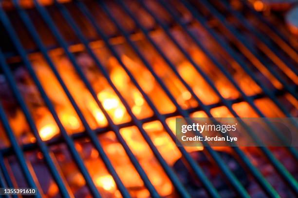 lose-up of bonfire on barbecue grill - gartengrill stock-fotos und bilder