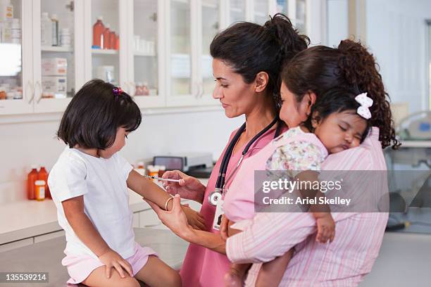 mother watching doctor giving daughter injection - ariel shot stockfoto's en -beelden