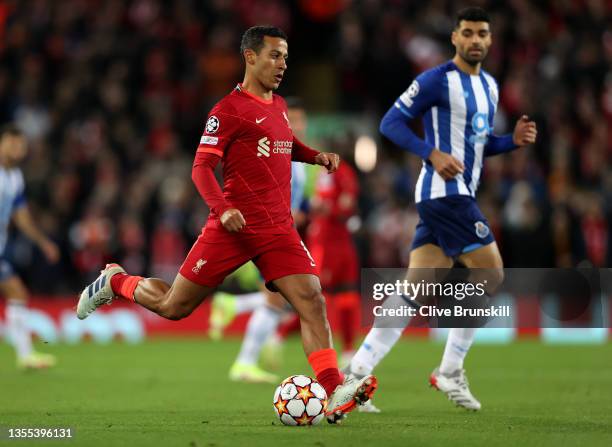 Thiago Alcantara of Liverpool passes the ball during the UEFA Champions League group B match between Liverpool FC and FC Porto at Anfield on November...