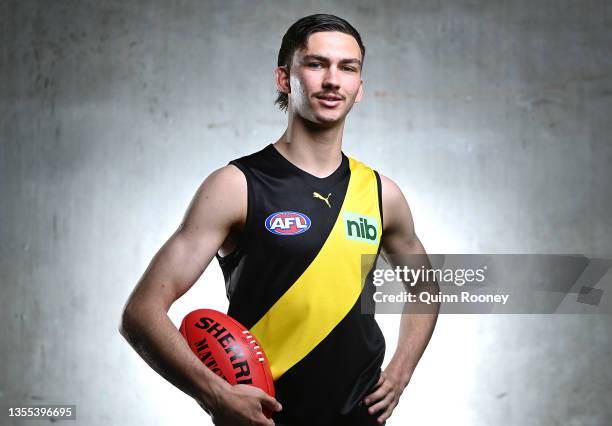 Josh Gibcus of the Tigers poses for a photo during an AFL Draft media opportunity at Marvel Stadium on November 25, 2021 in Melbourne, Australia.