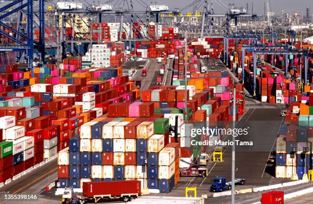 Shipping containers are stacked at the Port of Los Angeles on November 24, 2021 in San Pedro, California. The Ports of Los Angeles and Long Beach...