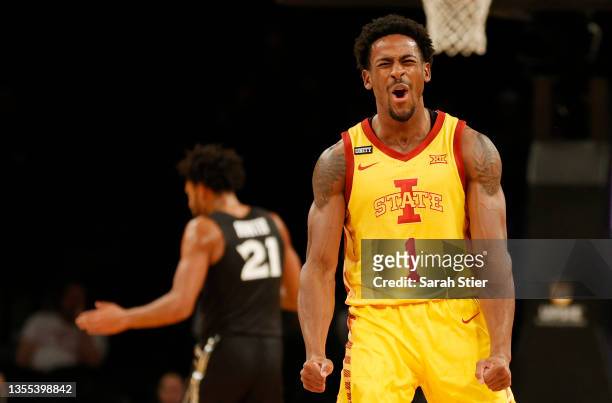 Izaiah Brockington of the Iowa State Cyclones reacts during the first half against the Xavier Musketeers during the NIT Season Tip-Off tournament at...