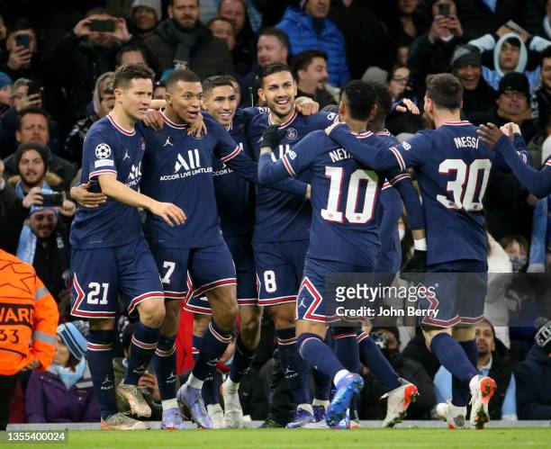 Kylian Mbappe of PSG celebrates his goal with Ander Herrera, Achraf Hakimi, Leandro Paredes, Neymar Jr, Lionel Messi during the UEFA Champions League...