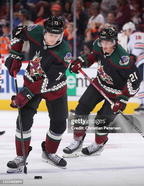 Jan Jenik of the Arizona Coyotes warms up before the NHL game against the Edmonton Oilers at Gila River Arena on November 24, 2021 in Glendale,...