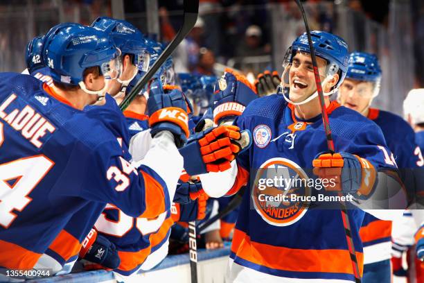 Andy Andreoff of the New York Islanders celebrates his third period goal against the New York Rangers at the UBS Arena on November 24, 2021 in...