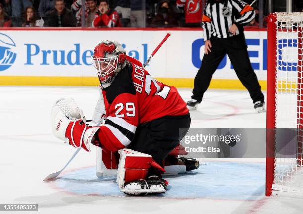 Mackenzie Blackwood of the New Jersey Devils is unable to stop a shot by Kevin Fiala of the Minnesota Wild in the shootout giving Minnesota Wild the...