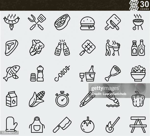 illustrazioni stock, clip art, cartoni animati e icone di tendenza di bbq , barbecue , grill , festa , cibo , pranzo , cena , mangiare , bere , birra , vino , cibo spazzatura , insalata , verdura , manzo , t-bone , meat line icons - sausage sizzle