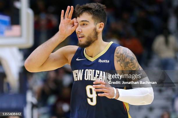 Willy Hernangomez of the New Orleans Pelicans celebrates after scoring a three-point shot during the second half of a game against the Washington...