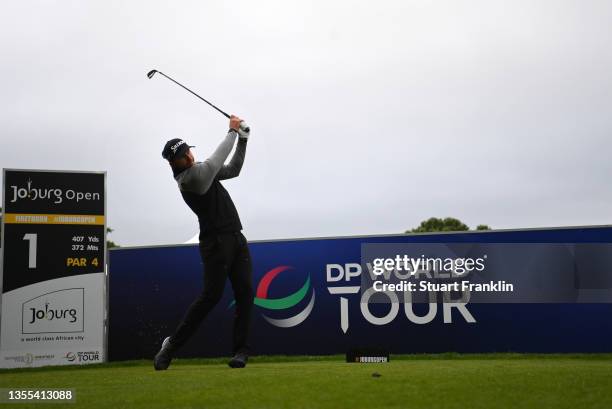 Dean Burmester of South Africa tees off on the first hole to officially start the DP World Tour’s first event during Day One of the JOBURG Open at...