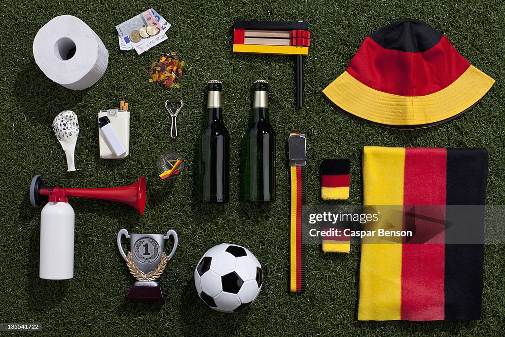 Sporting equipment and accessories arranged on turf