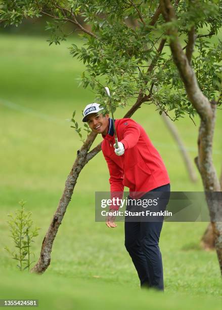 Johannes Veerman of the USA plays his second shot on the 15th hole during Day One of the JOBURG Open at Randpark Golf Club on November 25, 2021 in...