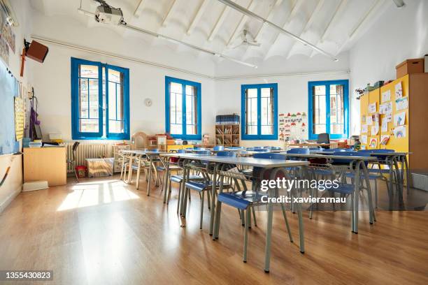 wide angle view of elementary school classroom - classroom wide angle stock pictures, royalty-free photos & images
