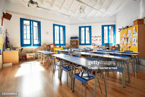 sunny elementary school classroom - classroom wide angle stock pictures, royalty-free photos & images