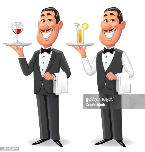 fröhlicher kellner serviert getränke - kellner stock-grafiken, -clipart, -cartoons und -symbole