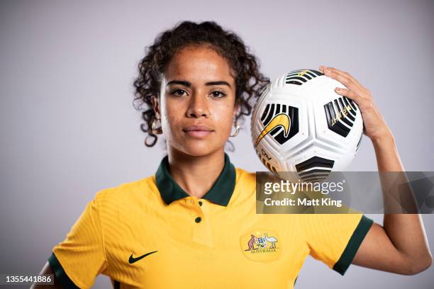 Mary Fowler poses during an Australia Matildas headshots session at Intercontinental Double Bay on November 24, 2021 in Sydney, Australia.