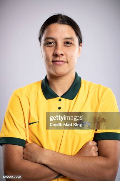 Sam Kerr poses during an Australia Matildas headshots session at Intercontinental Double Bay on November 24, 2021 in Sydney, Australia.