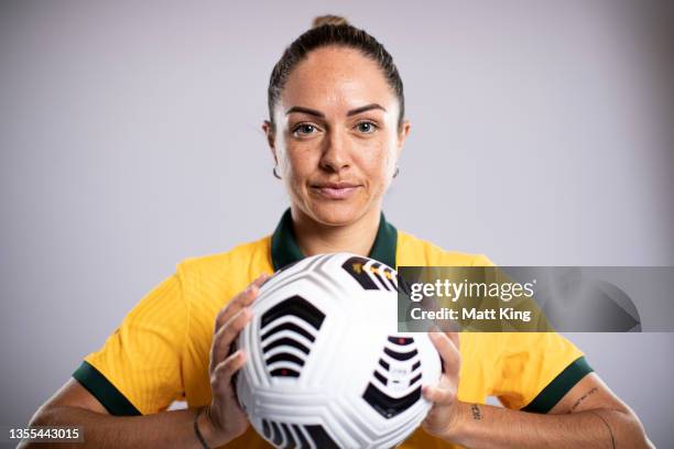 Kyah Simon poses during an Australia Matildas headshots session at Intercontinental Double Bay on November 24, 2021 in Sydney, Australia.